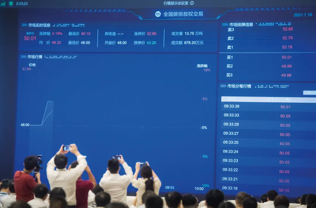 2021年7月16日，全國(guó)碳排放權(quán)交易市場(chǎng)上線交易啟動(dòng)儀式以視頻連線形式舉行，在北京設(shè)主會(huì)場(chǎng)，在上海和湖北設(shè)分會(huì)場(chǎng)。圖/新華